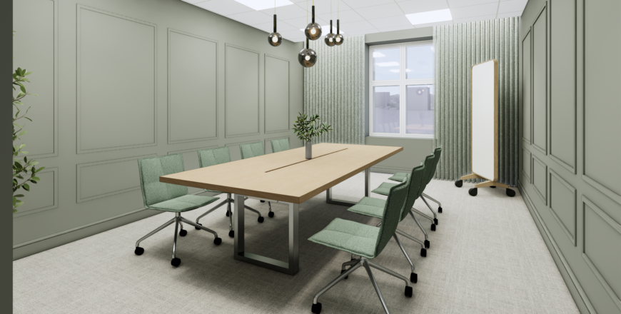 Havainnekuva neuvotteluhuoneesta. Keskellä on pöytä, jonka ympärillä on kahdeksan vihreää tuolia.