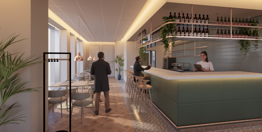 Havainnekuva Maamiesten Kauppatalon ravintolasta. Kuvassa on huonekalujen lisäksi muutamia ihmisiä.