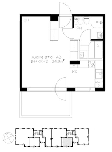 Ruutikellarin asunnon A2 pohjakuva. Huoneisto on 34 neliön yksiö, jossa sisääntulosta vasemmalla on pesuhuone ja sauna. Tilan vasemmassa reunassa on keittiö ja oikealle jää makuualkovi sekä olohuone. Asunnon perältä on ovi parvekkeelle.