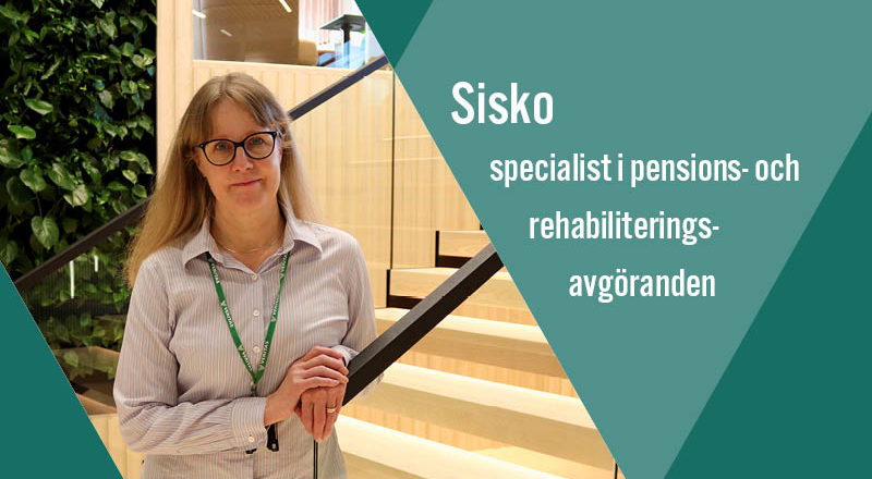 Karriärberättelse om Sisko Lipponen, specialist i pensions- och rehabiliteringsavgöranden i Veritas. I bilden ler hon och lutar sig mot ledstången.
