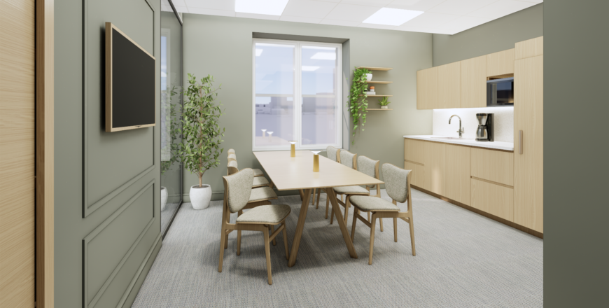 Havainnekuva taukotilasta. Keskellä on pöytäryhmä, seinällä televisio ja ovelta katsottuna oikealla seinustalla keittiö.