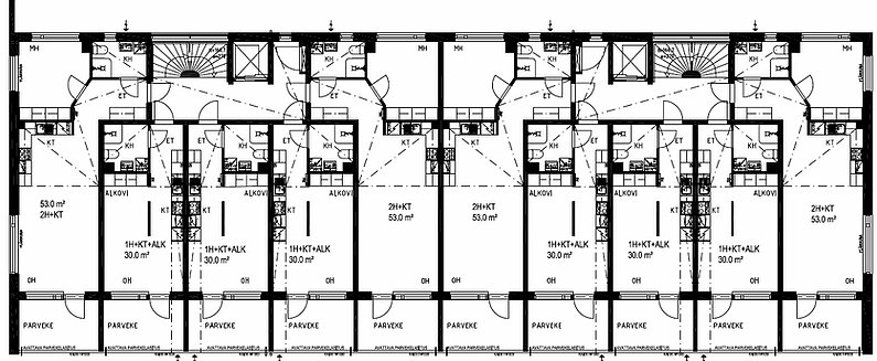 Planritning av Unionsgatan höghus. På varje våning finns 10 lägenheter som är antingen enrummare eller tvårummare. Enrummare är 30 kvadratmeter stora och tvårummare är 50 kvadratmeter stora. Alla lägenheter har en balkong i samma riktning. Det finns två identiska trappor i huset. Båda trapporna har en hiss och vanliga trappor.