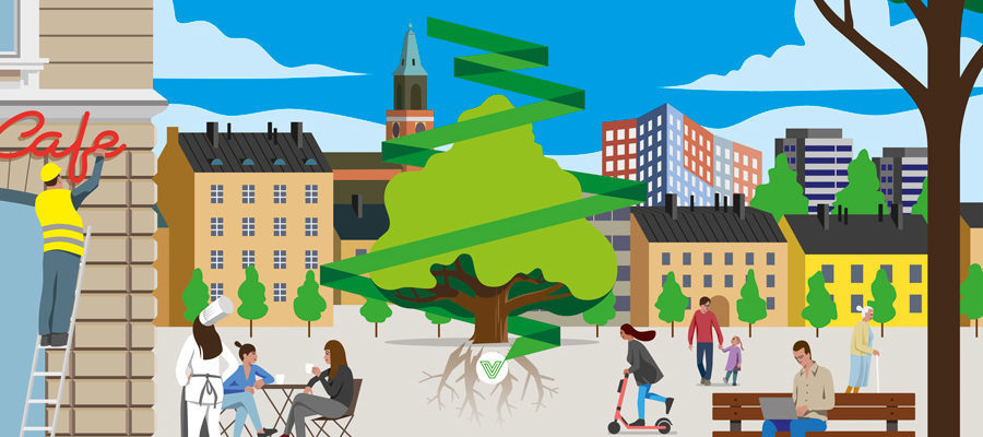 Veritas strategibild som visar en ritad Åbo domkyrka, Trivium Retoriikka, hus och människor på en öppen plats.